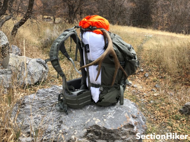 Mystery Ranch Beartooth 80 with load shelf extended with antlers