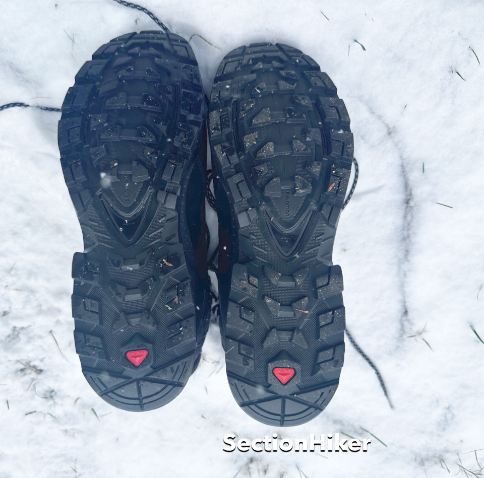 Aggressive but soft soles provide good traction on snow.